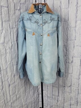 Vintage Western Denim Shirt Women's 14 Embroidered Detachable Collar Cowboy